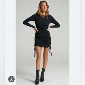 Lionness Military Minds Mini Long Sleeve Ruched Bodycon Dress in Black